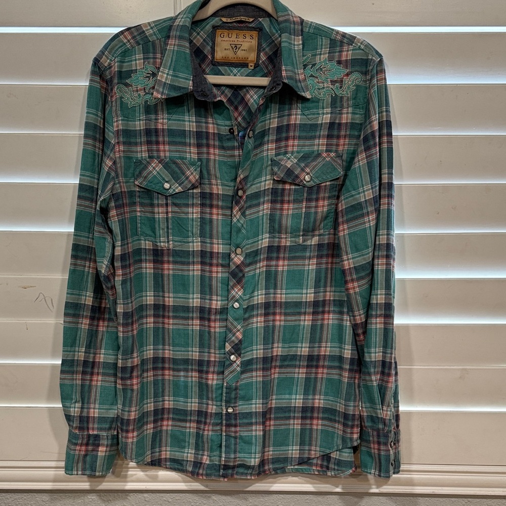GUESS Men's Teal and Pink Plaid Button Down Shirt